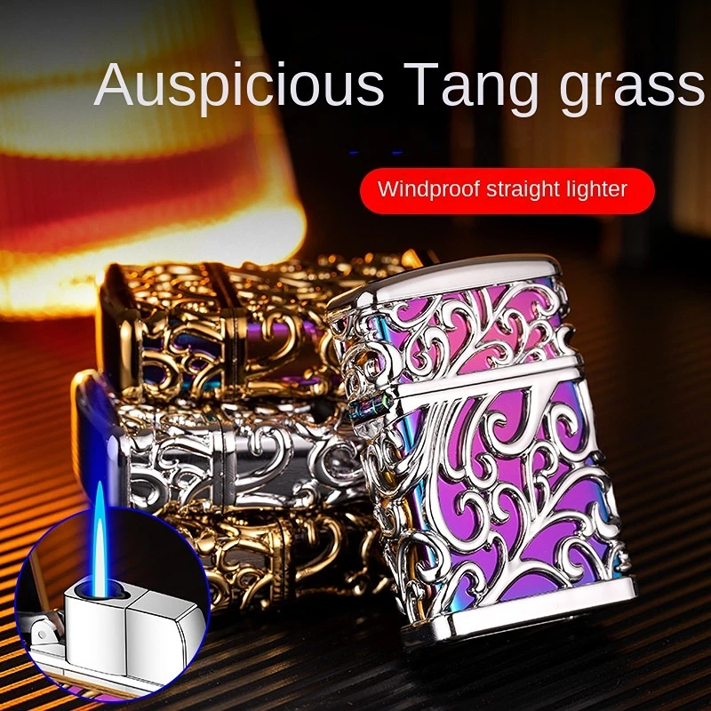 Hollow Tang Grass Gilding Windproof Straight Punch Gas Lighters Relief Personality