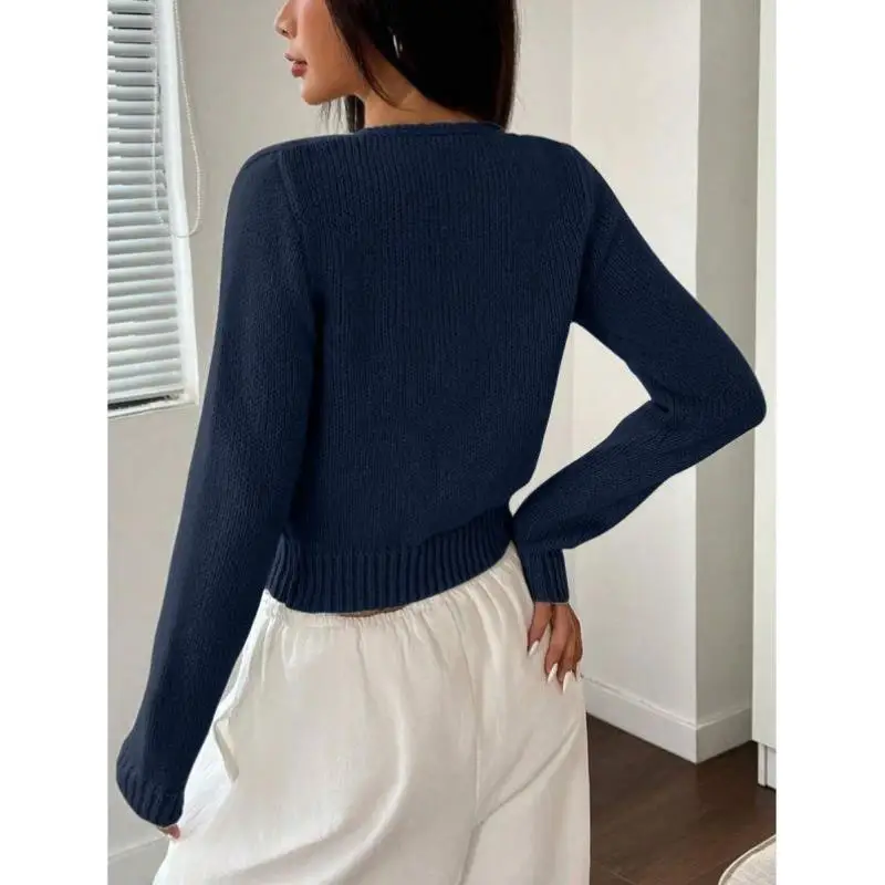 カジュアルなニットウェア カラー ロングスリーブ フロントブルーカーディガン 無地 シワ防止襟 ナインポイントスリーブ クールマックスファイバー