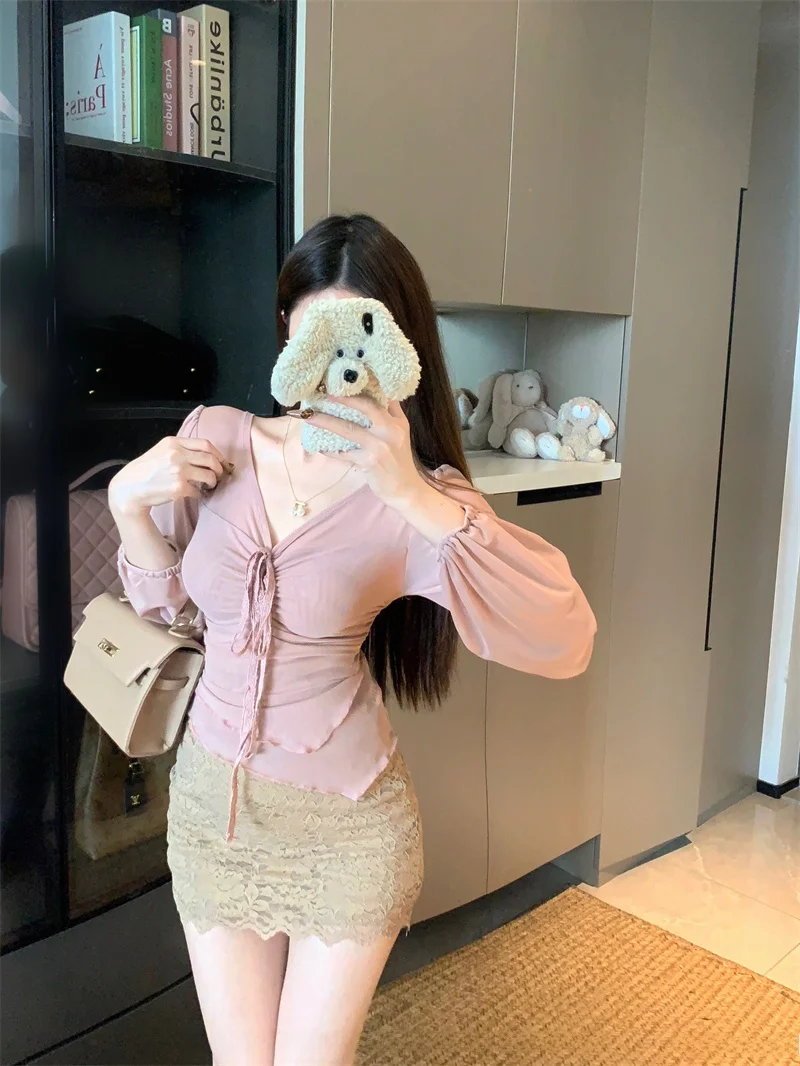 

Irregular Tied V-Ne Long Sve Me irt Women's Slim Fit Design Spring Early Korean Sle Gathered Waist Slimming Top