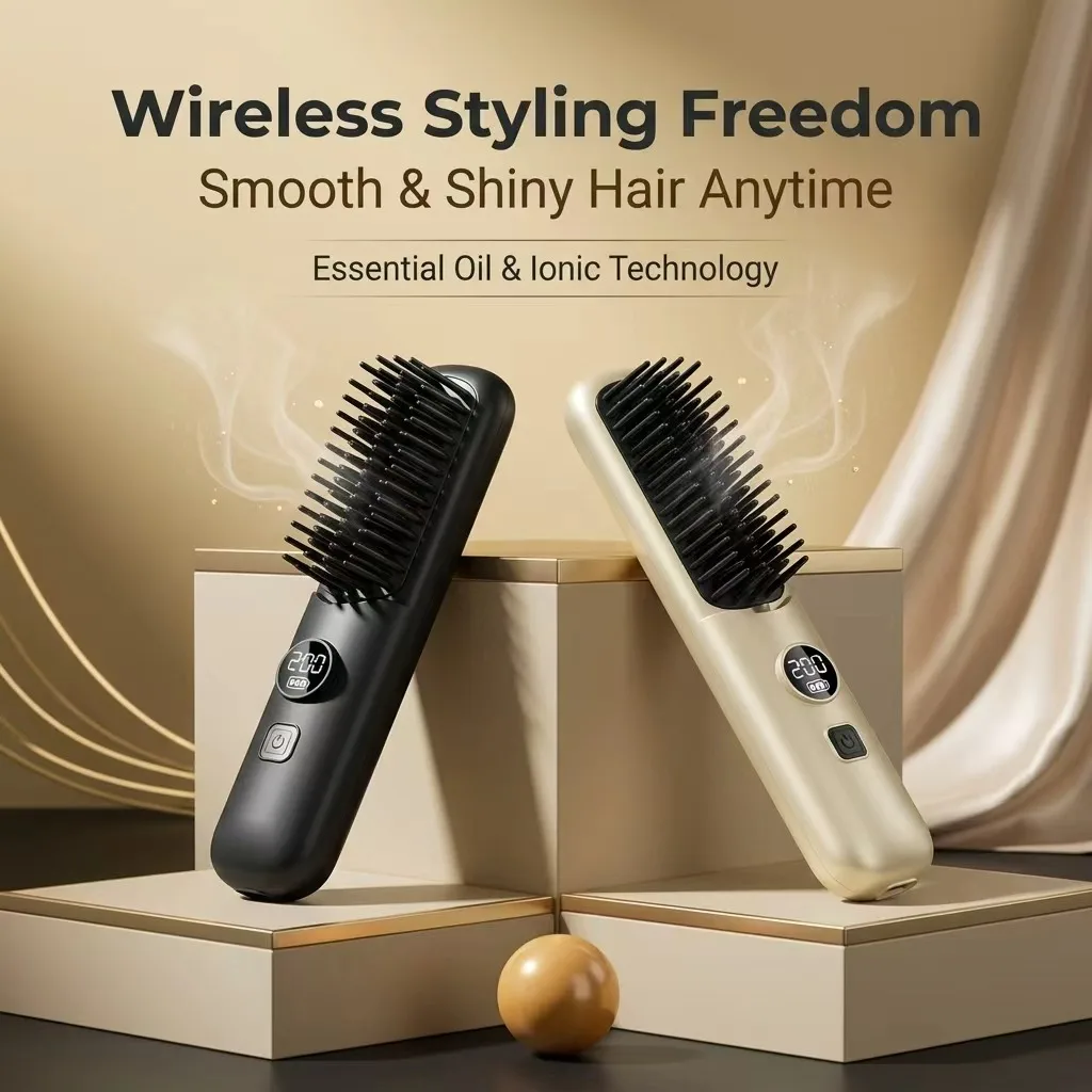 Wireless Ionic Hair Straightener Brush with Essential Oil Hair Care LED Display Adjustable Temperature Rechargeable Anti-Scald Portable Straightening Comb for Home Travel Salon