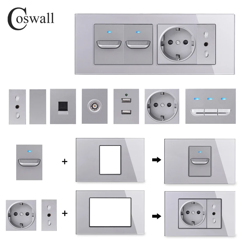 Coswall US Standard Module DIY Toggle Wall Light Switch EU/FR/UK/Italy Standard Socket HDMI USB CAT6 Internet Glass Panel