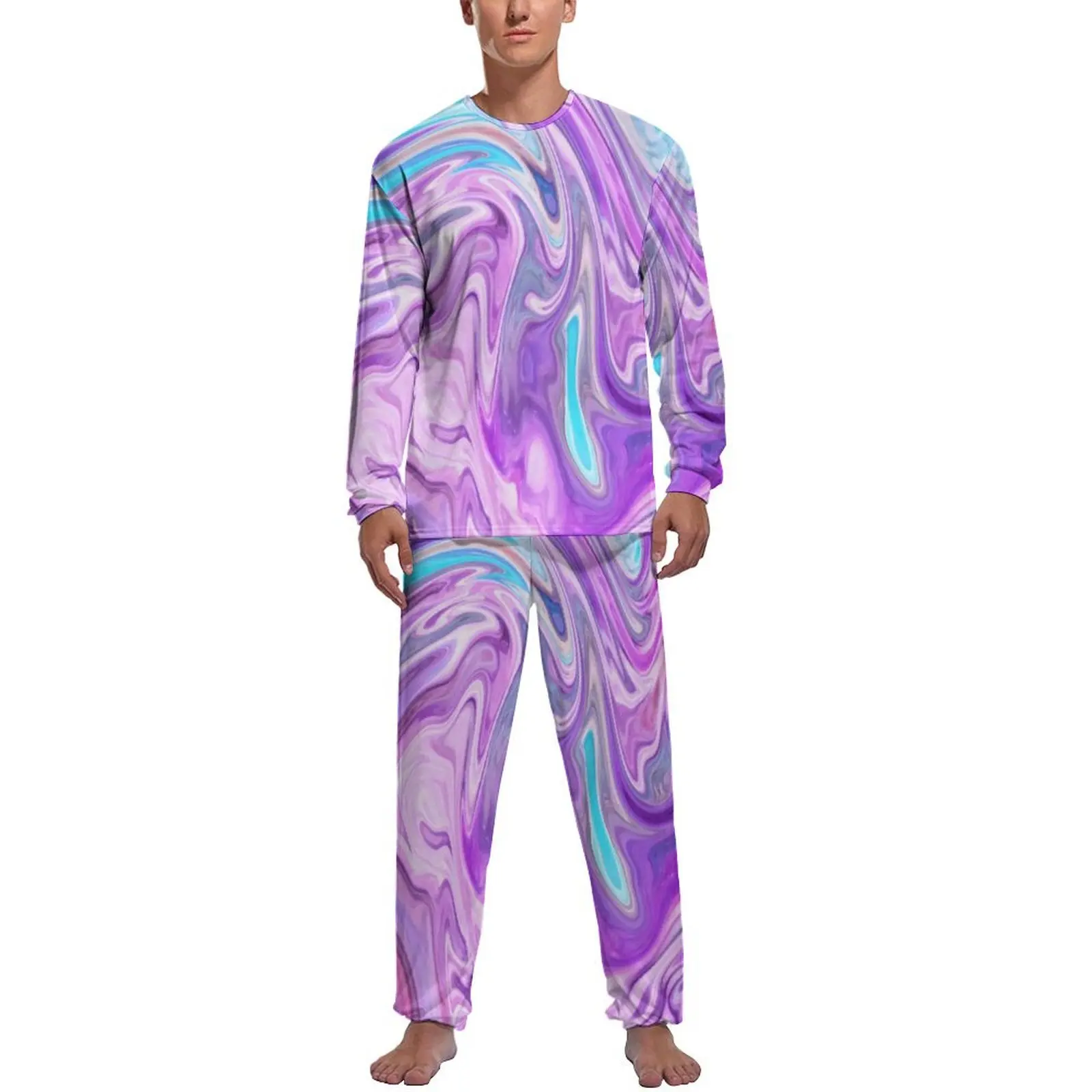 Liquid Swirl Pajamas Spring Blue Purple Abstract Art Home Home Suit Mens 2 Piece Custom Long Sleeve Retro Pajama Sets