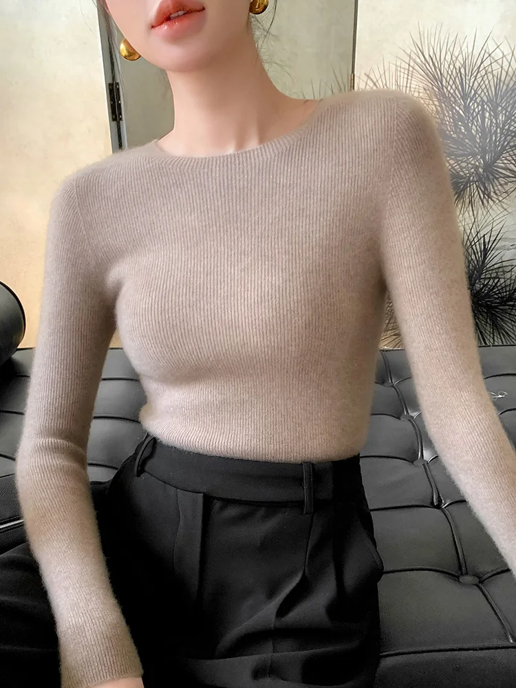 Women\'s sweater O-neck basic pullover sweater Spring and Autumn new 100% merino wool slim solid color sweater fashion top