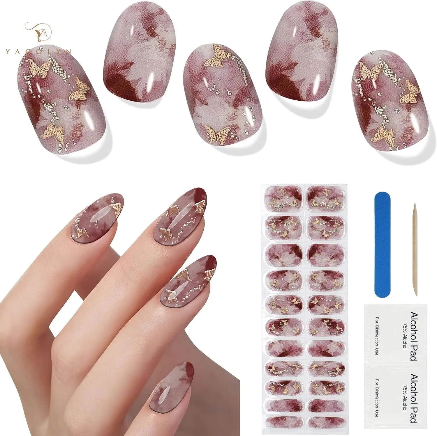Enveloppes pour ongles en Gel Semi-durci UV, 22 pointes, autocollants en feuille d'or à pression, le phare devient dur et entièrement couvre les patchs pour ongles