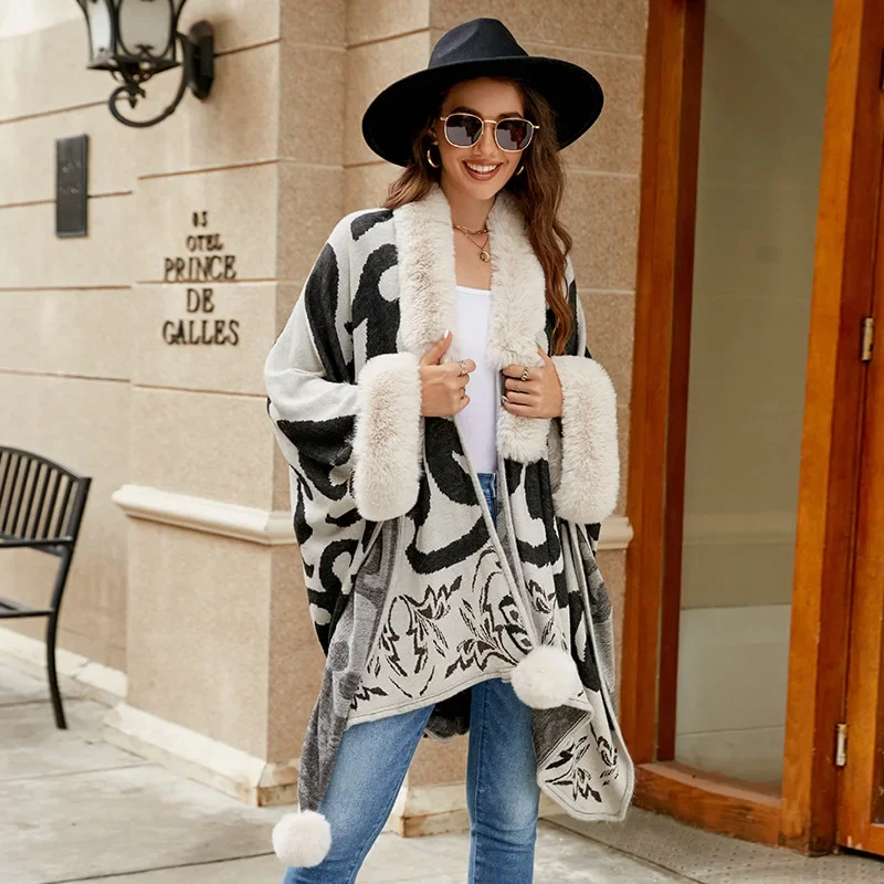 5 Colors Winter Warm New Punch Hole Printed Poncho Capes Women Faux Rabbit Fur Batwing Sleeves Loose Long Pompon Cloak Coat