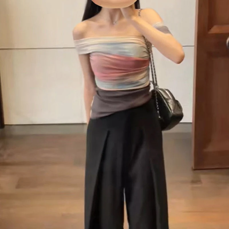 T-Shirt à manches courtes asymétrique épaule dénudée pour femmes, haut court d'été