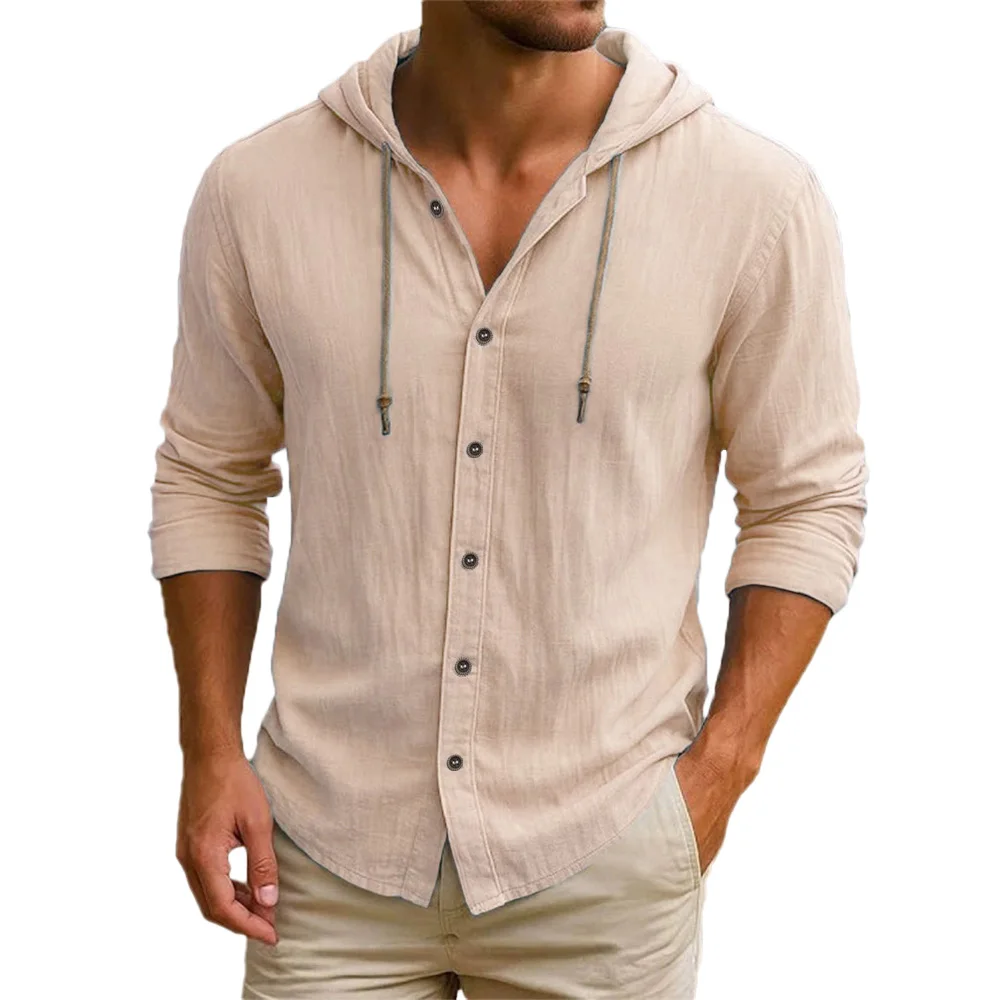 Men's Hooded Shirt Spring Summer Cotton Linen Long Sleeve Single Breasted Button Top Lightweight Drawstring Design Male Shirts
