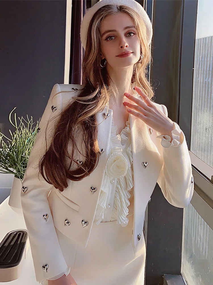 Dabuwawa Spring Autumn Female Trend Effortless Chic Rivet Heart Decorated Long Sleeve Short Coat Jacket 2023 DM1AOT002