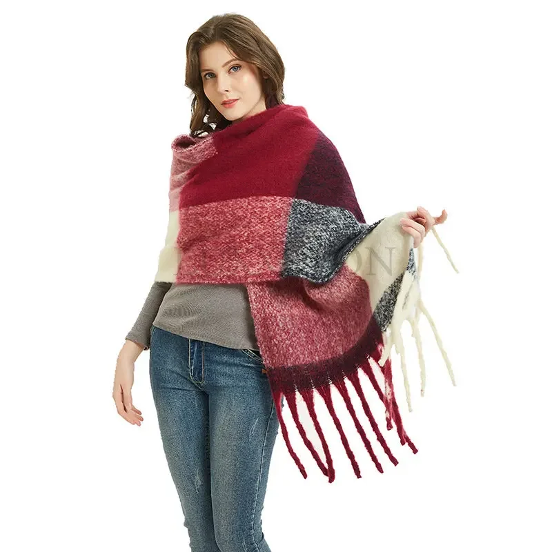 Winter Scarf Women Cashmere Warm Pashmina Plaid Female Scarves Wraps Thick Soft Bufanda Big Tassels Shawl Long Stole