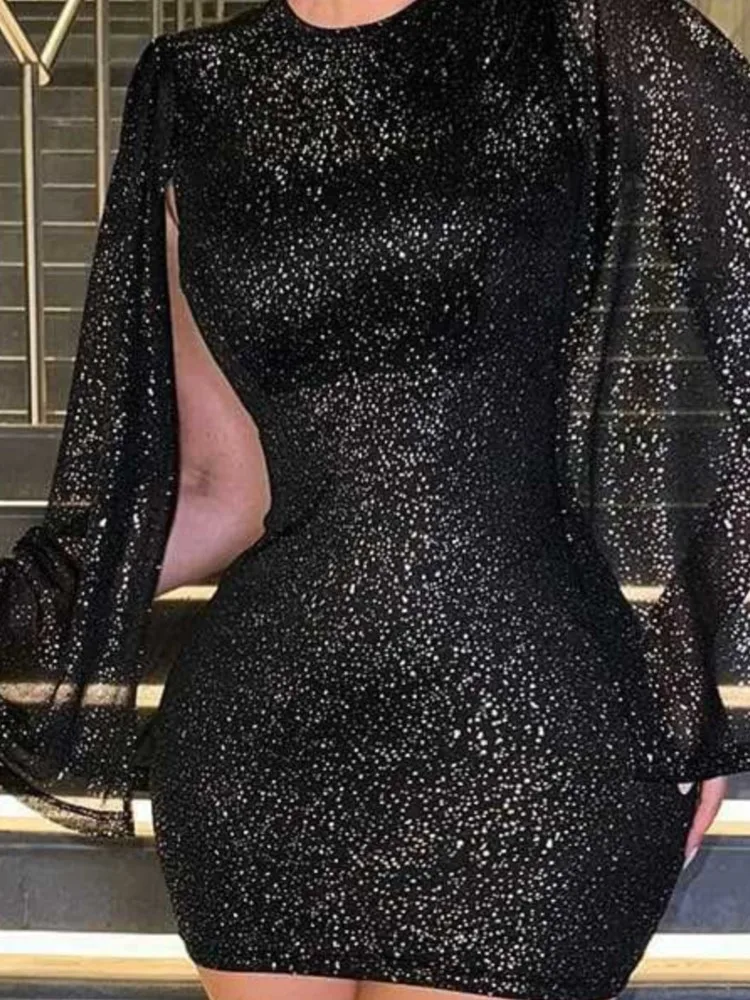 الترتر طباعة سليم فساتين صغيرة المرأة مثير عارية الذراعين شق كم طويل حزمة الورك Bodycon فستان قصير فتاة ساخنة البلوز Vestidos #5