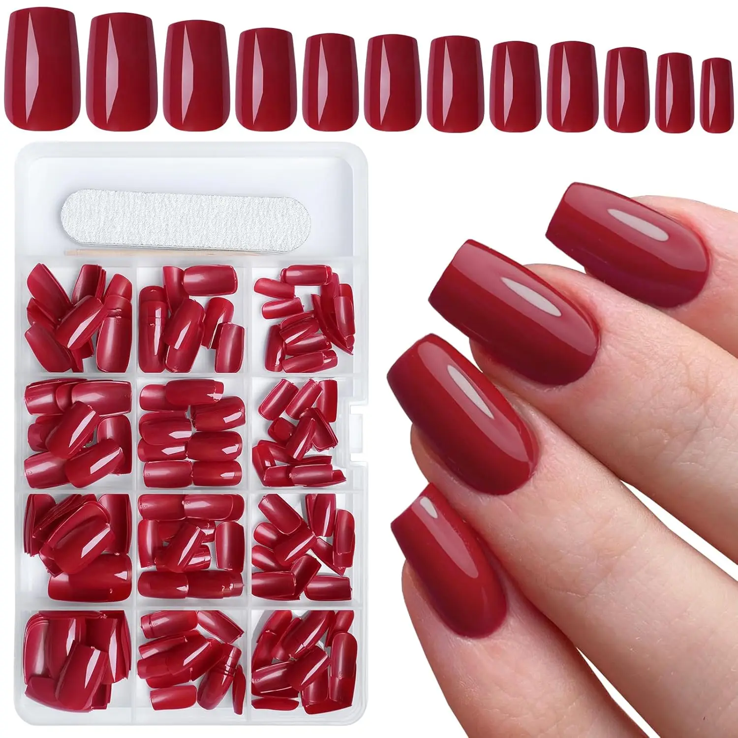 

240pcs Red Press on Nails Medium Square Fake Nails, Glossy Acrylic False Nails with Adhesive Tabs for Women