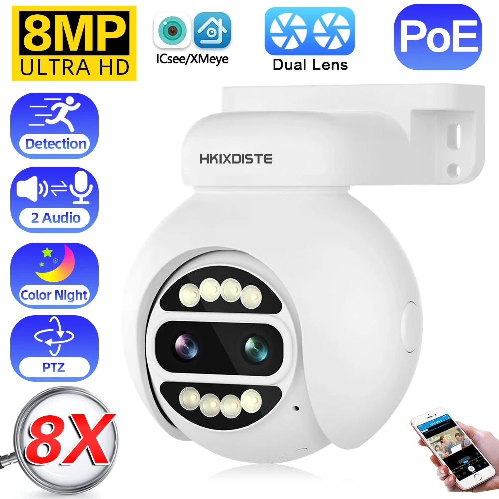 8MP POE Dual Lens Security Camera Outdoor 4K HD Surveillance CCTV 8x Zoom PTZ IP Cam Human Detection Work with NVR XMeye ICsee