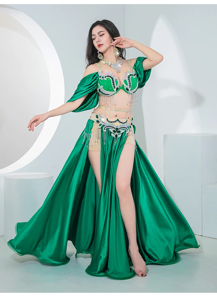 Traje de danza del vientre egipcia, competición de danza Oriental, sujetador con cuentas de diamantes de imitación, cinturón, falda larga de satén