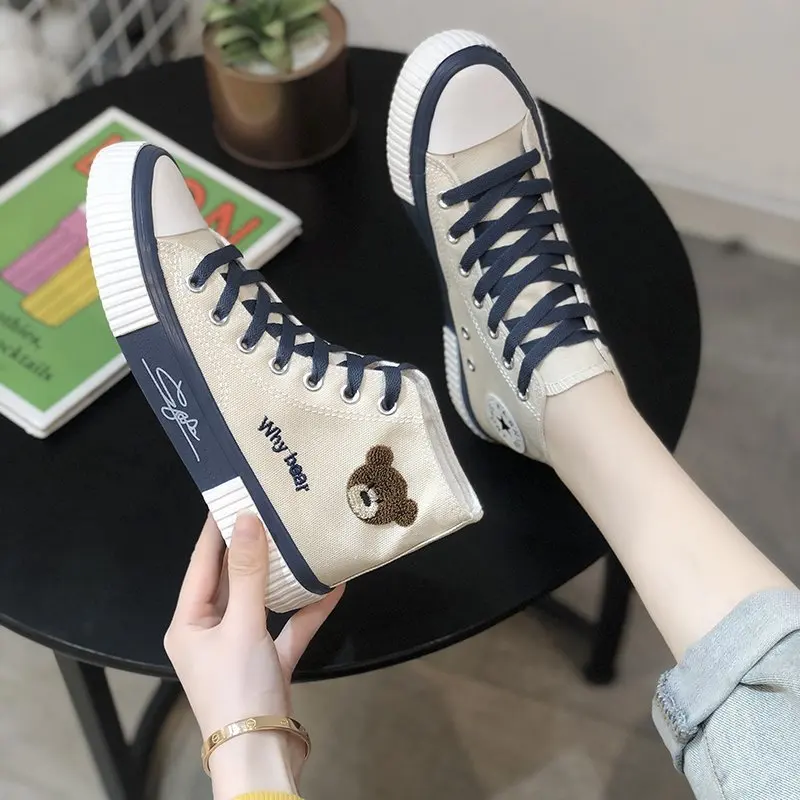 Cute Bear Canvas Shoes for Women Breathable Sneakers Fashion Casual Vulcanized Sport  Shoe Flats High/Low Top Lace Up Zapatos