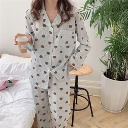 New Plaid Bear Ins Women Loungewear Pajamas Long-sleeved Set Two Pieces Sleepwear Cute Plaid Bears Spring V-neck Loungewear