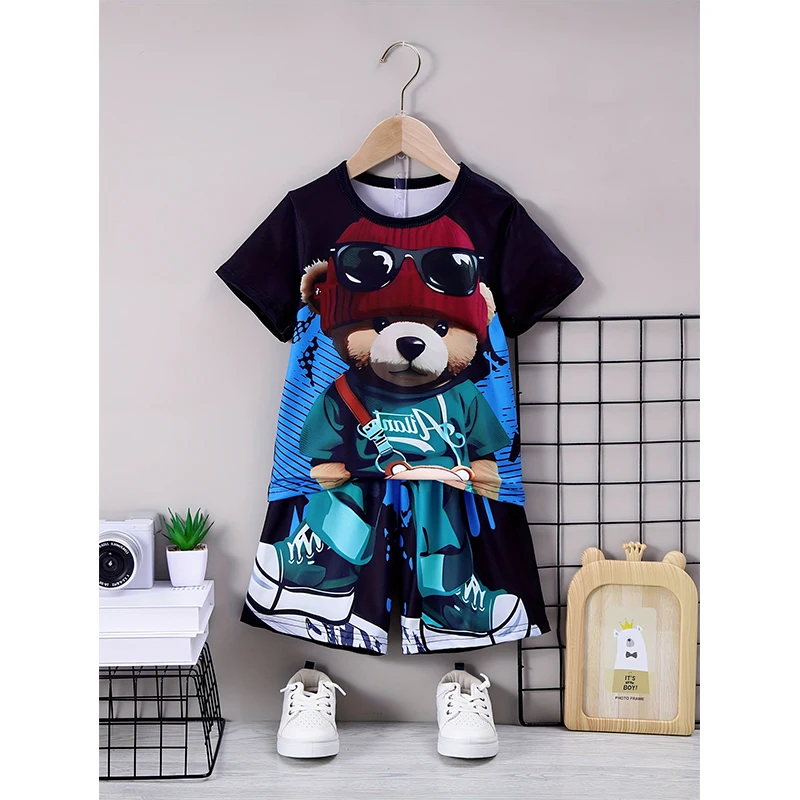 Fashion Men's Sportswear Print Cute Bear Oversized Men's Loose Crew Neck Shirt T-shirt Summer Casual Breathable Refreshing Suit