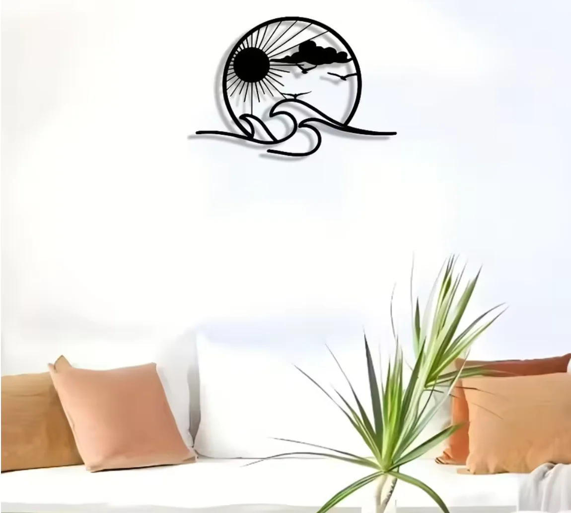 Sunrise Sea Waves Metal Wall Decor, Nordic Seaside Seagull