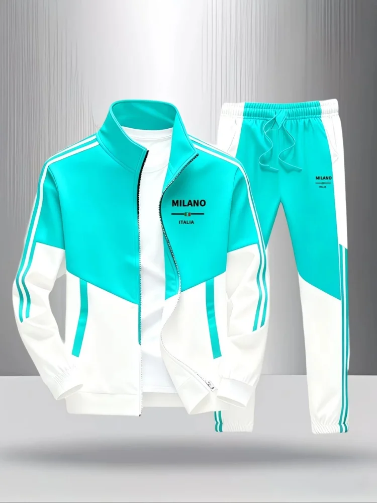 Men 2 Piece Tracksuit Fashion Milano Italia Print Stand Collar Full Zip Jacket Drawstring Jogger Suits Athletic Casual Outfit