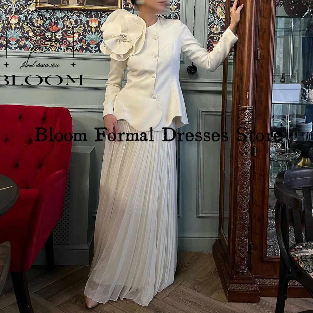 Bloom Customized Buttons 2-Piece Prom Dresses Long Sleeves Pleated A-Line Formal Evening Dresses Wedding Party Dress vestidos