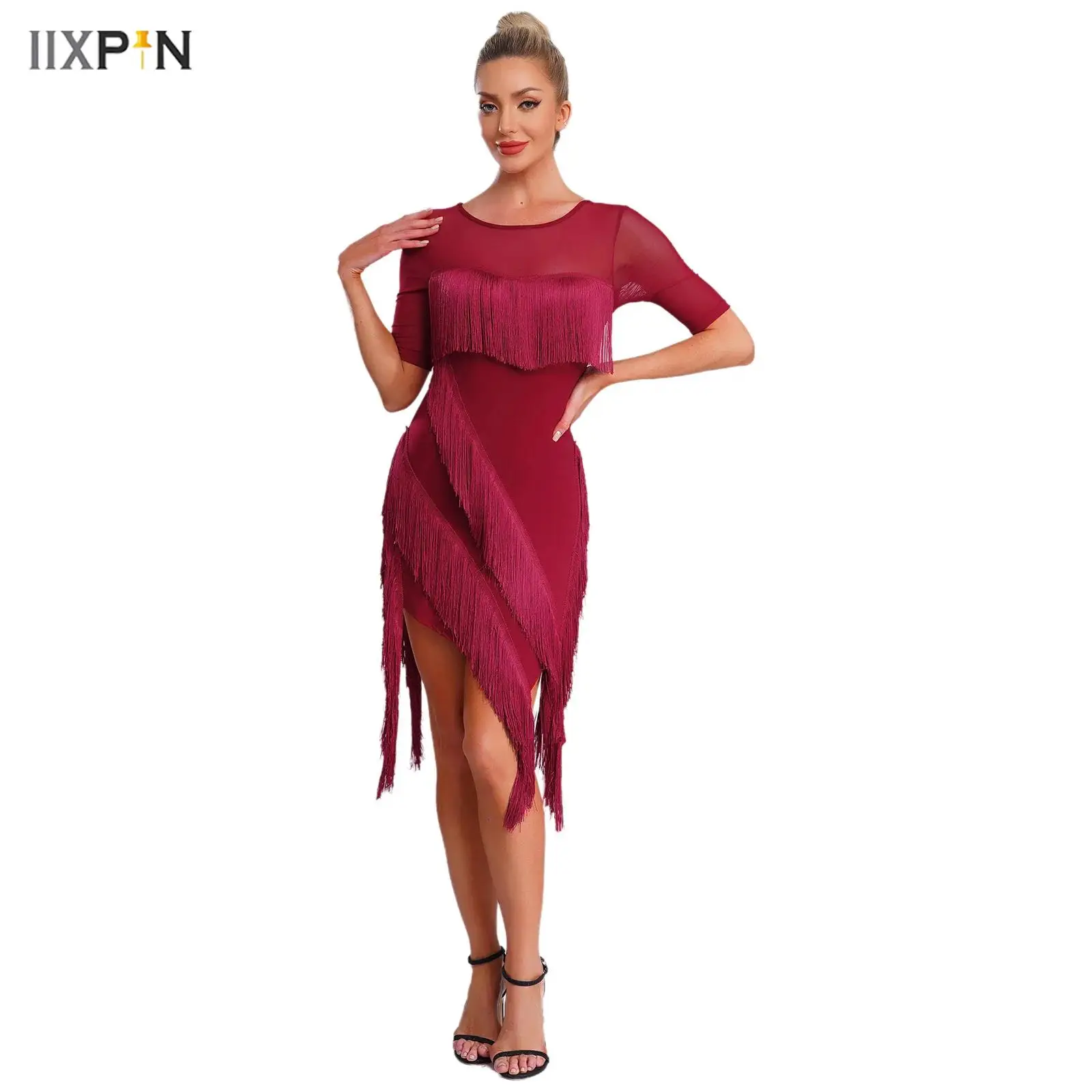 

Womens Latin Tango Dance Dress Tiered Tassel Irregular Hem Short Sleeve Dress with Safety Shorts for Chacha Rumba Salsa Dancing