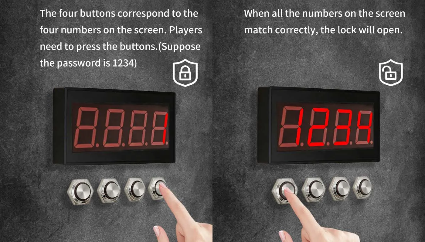 Mysteriöses Studio-Escape-Room-Requisit: Digitales Echtzeit-Spiel – Eingabe der richtigen Ziffern zum Entsperren des Kammerraums – 4-stelliges Panel-Requisit – Detail 2
