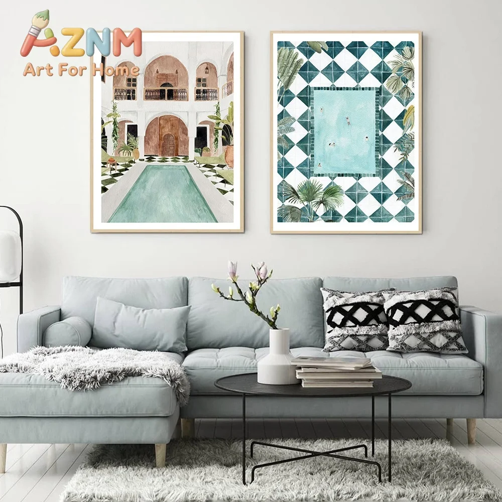 Sunny Beach Pool Moroccan Tropical Swimmers Wall Art Canvas Painting Poster and Print Nordic Wall Pictures for Living Room Decor