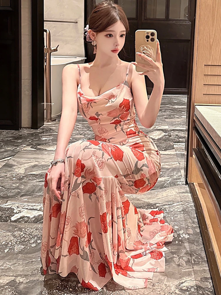 Women Boho Floral Mesh Chic Ruffled Mermaid Dress Summer Elegant Bodycon Sling Sexy Dress 2025 Korean Fashion Luxury Party Dress