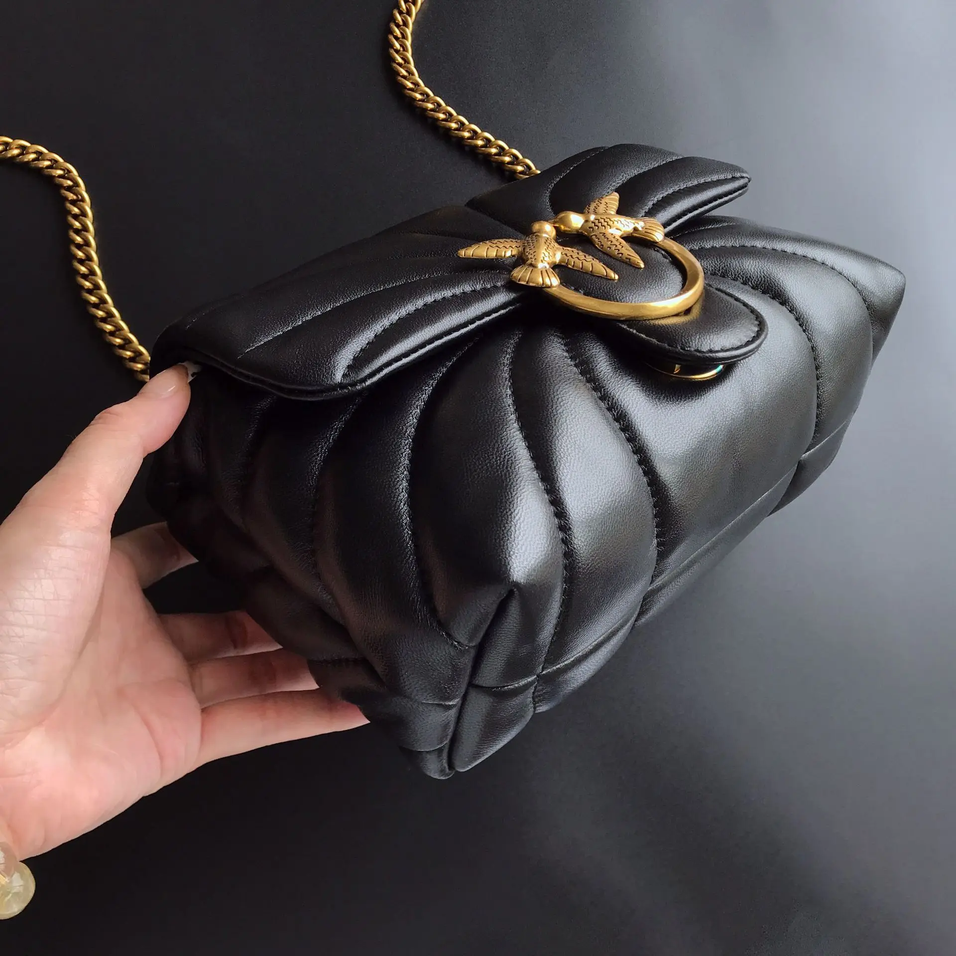 New Arrival Pinko Same Style Genuine Leather Puff Swallow Bag Chain Cross-Body Flying Bird Double Flying Swallow Women's Bag image 3