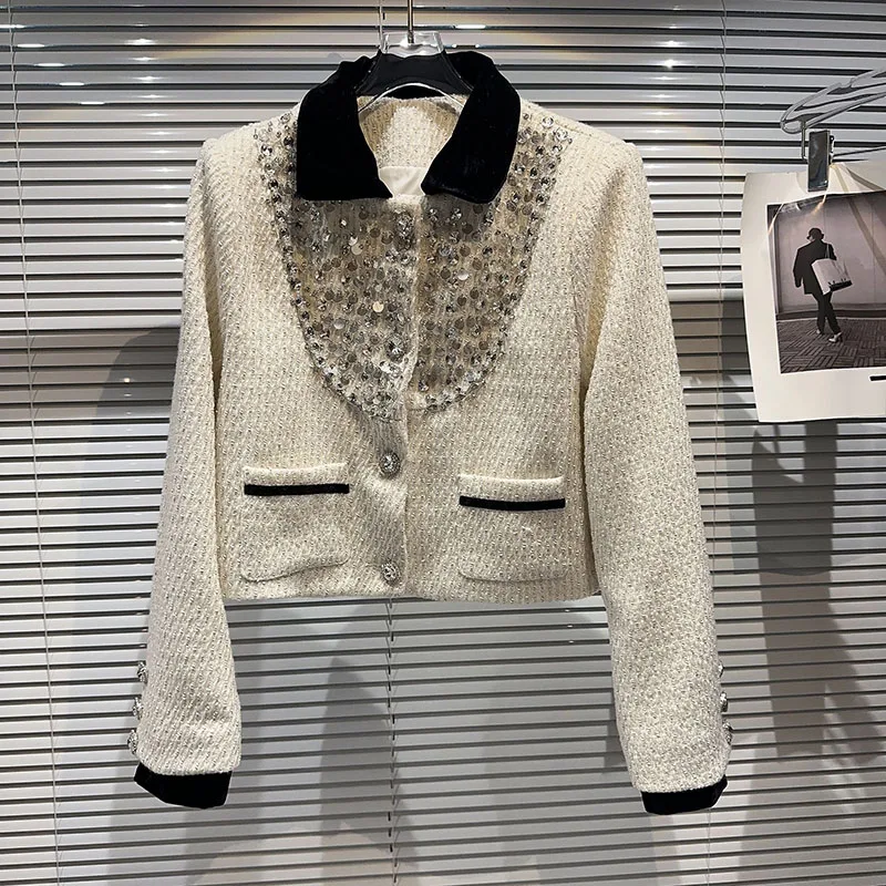 

Французская элегантная светская львица со стразами и бусинами с ромбовидной пряжкой, однобортная тонкая темпераментная шерстяная короткая куртка, женский осенний топ