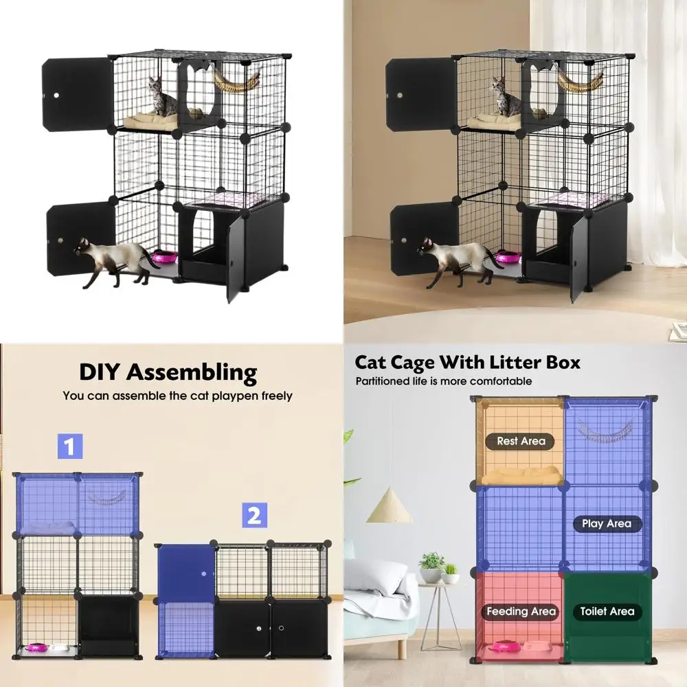 

3-х уровневый внутренний металлический корпус для кошек с ящиком для туалета, модульный дизайн «сделай сам» для кошек и маленьких домашних животных