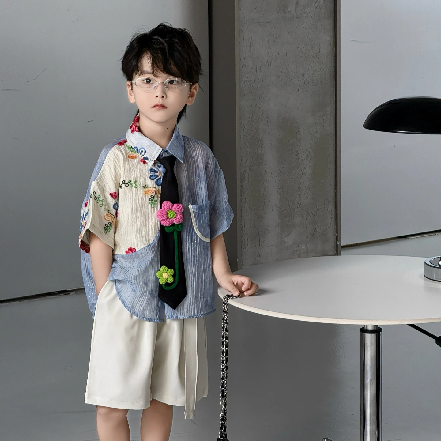 Boys Suit 2026 Spring and Summer New Childrens Wear Korean Boy Baby Matching Color Embroidery Shirt Tie Shorts Three-piece Set
