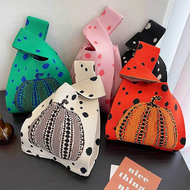 

Women Handmade Pumpkin Knit Handbag Reusable Knit High-capacity Tote Bag Knot Wrist Bag Reusable Shopping Bags