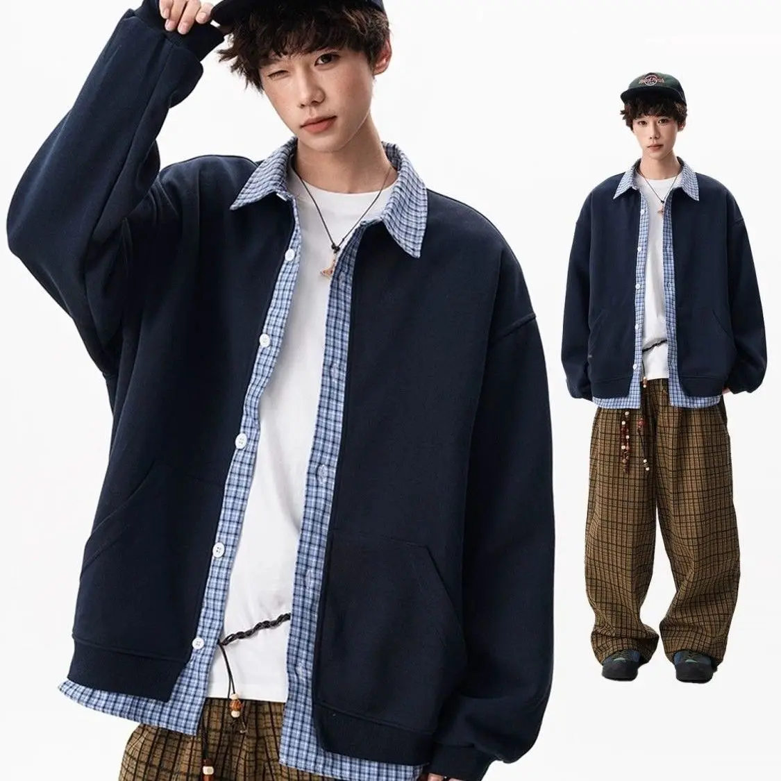 Loose Casual Plaid Patchwork Fake Two-Piece Sweatshirt  Shirt for Men And Women Autumn Season Fashionable Outerwear