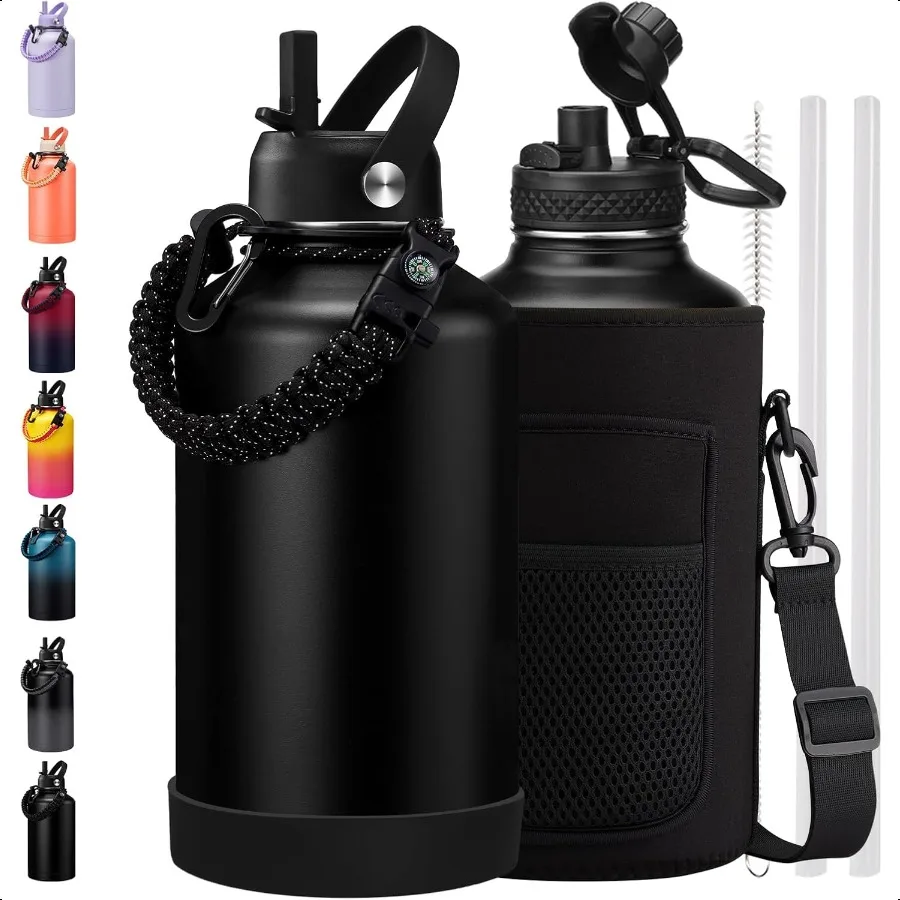 

64OZ Half Gallon Water Bottle with Straw Auto Spout Lid Carrier Bag Paracord Handle Protective Boot Keep Cold48h Hot24h 1 2 Gal