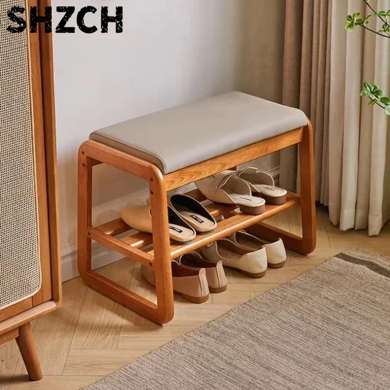 Solid Wood Shoe Cabinet with Soft Cushion Integrated Living Room Bench and Shoe Changing Stool 2-Layer Design for Space-Saving