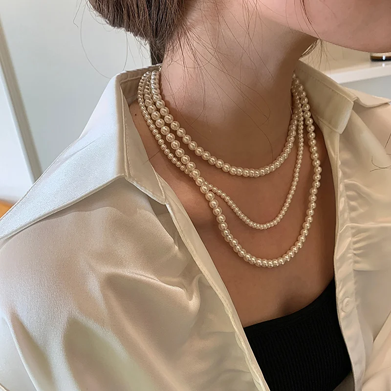 INS Vintage Fashion Multilayer Pearl Necklace Chokers Korean Style Simple Pearl Collarbone Chain Luxury Jewelry For Women New