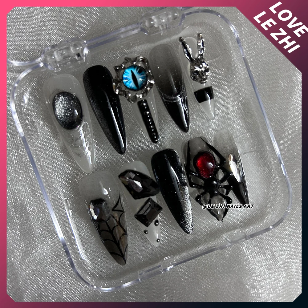 Y2K Spice Girl Punk Long Square Almond Handmade Nail Party Sticker Magic Mirror Pink Pearl Rhinestone Wearable Press On Nails