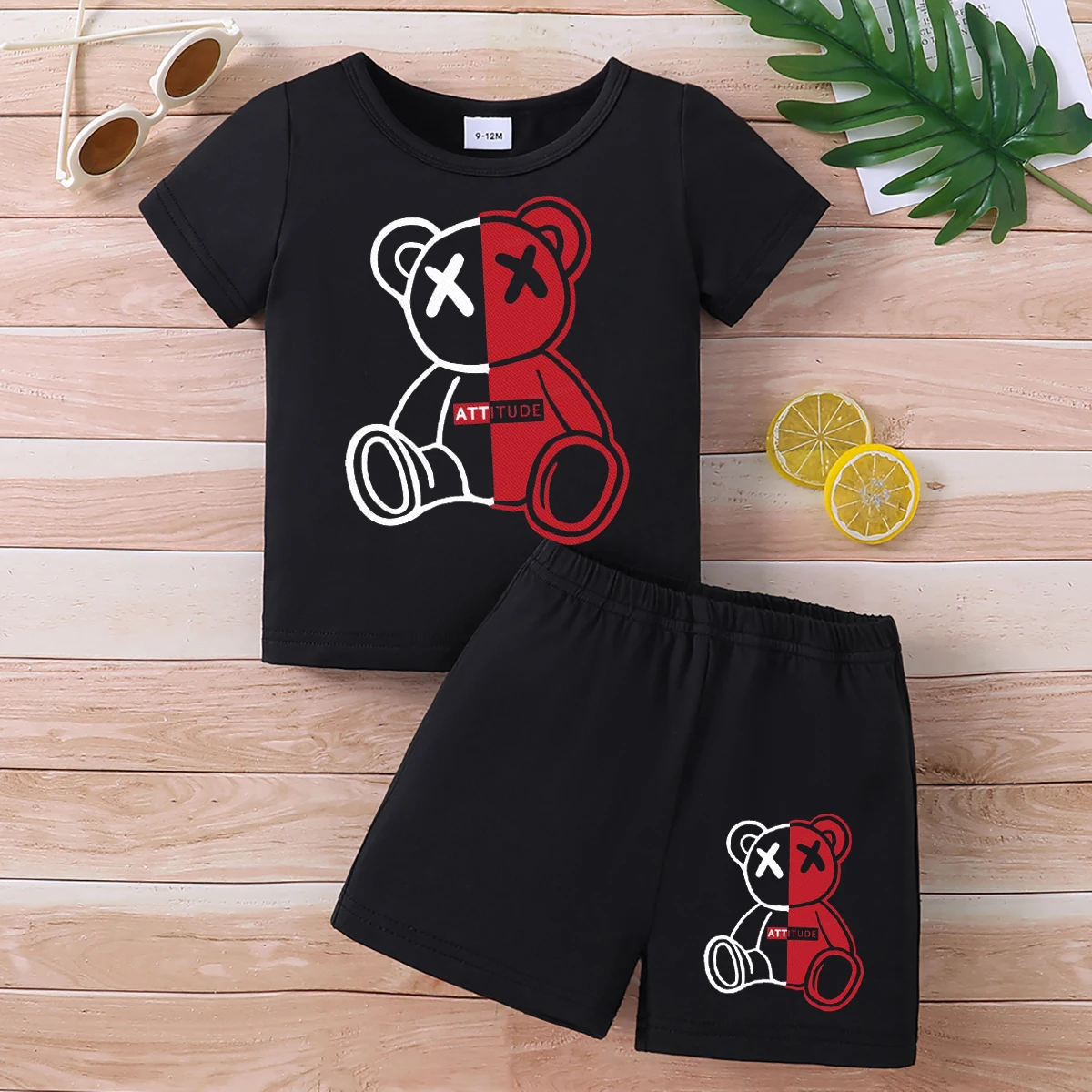 2PCS Summer Boys Set Round Neck Short Sleeve Cartoon Little Bear Pattern Top Fashion Shorts Loose Infant Toddler