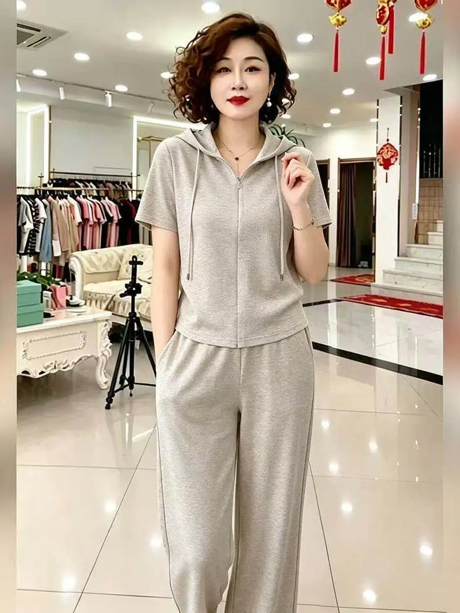 

Summer Sportswear Set Women's Short Sleeve Wide Leg Pants Two Piece Suite Fashionable Casual Outfit High Waist Polyester Fiber