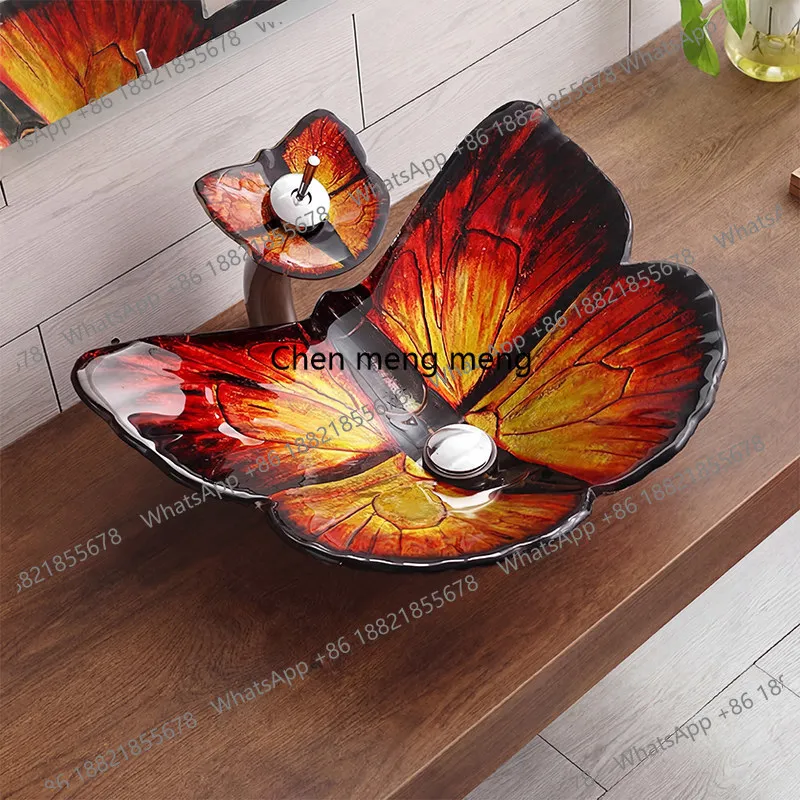 Tempered glass niche design blue butterfly stage basin art hand wash bonsai basin