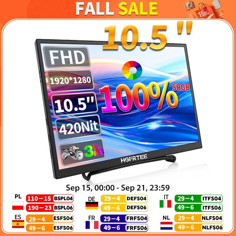 

HGFRTEE 10.5 inch Portable Monitor 420Cd/m ² FHD 1280P 100% SRGB Laptop Second Screen For Mac Xbox PS4/5 Switch