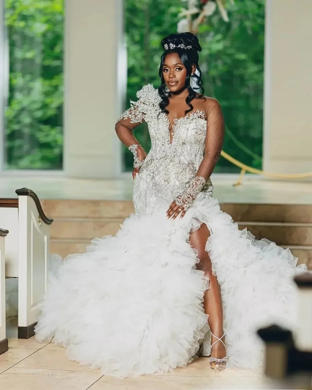 

Свадебные платья больших размеров по индивидуальному заказу, свадебные платья для невесты, русалка с прозрачным вырезом и длинными рукавами, кружево из бисера, кристаллы, оборки, бисер