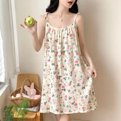 Summer Sexy Lingerie Spaghetti Strap Nightgowns for Women Korean 100% Cotton Print Sleepwear Night Dress Nightdress Home Nighty