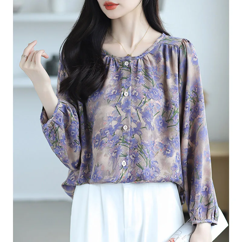 Women\'s Clothing French Chic Pretty Flower Print Shirt Spring Autumn Casual Loose O-neck Lantern Sleeve Blouses Office Lady Tops