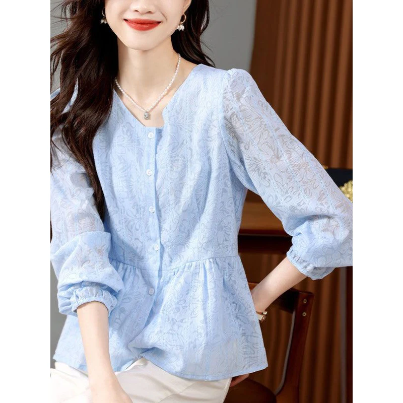 spring summer elegant fashion long sleeve shirt ladies temperament solid color all-match cardigan top women casual sweet blouse