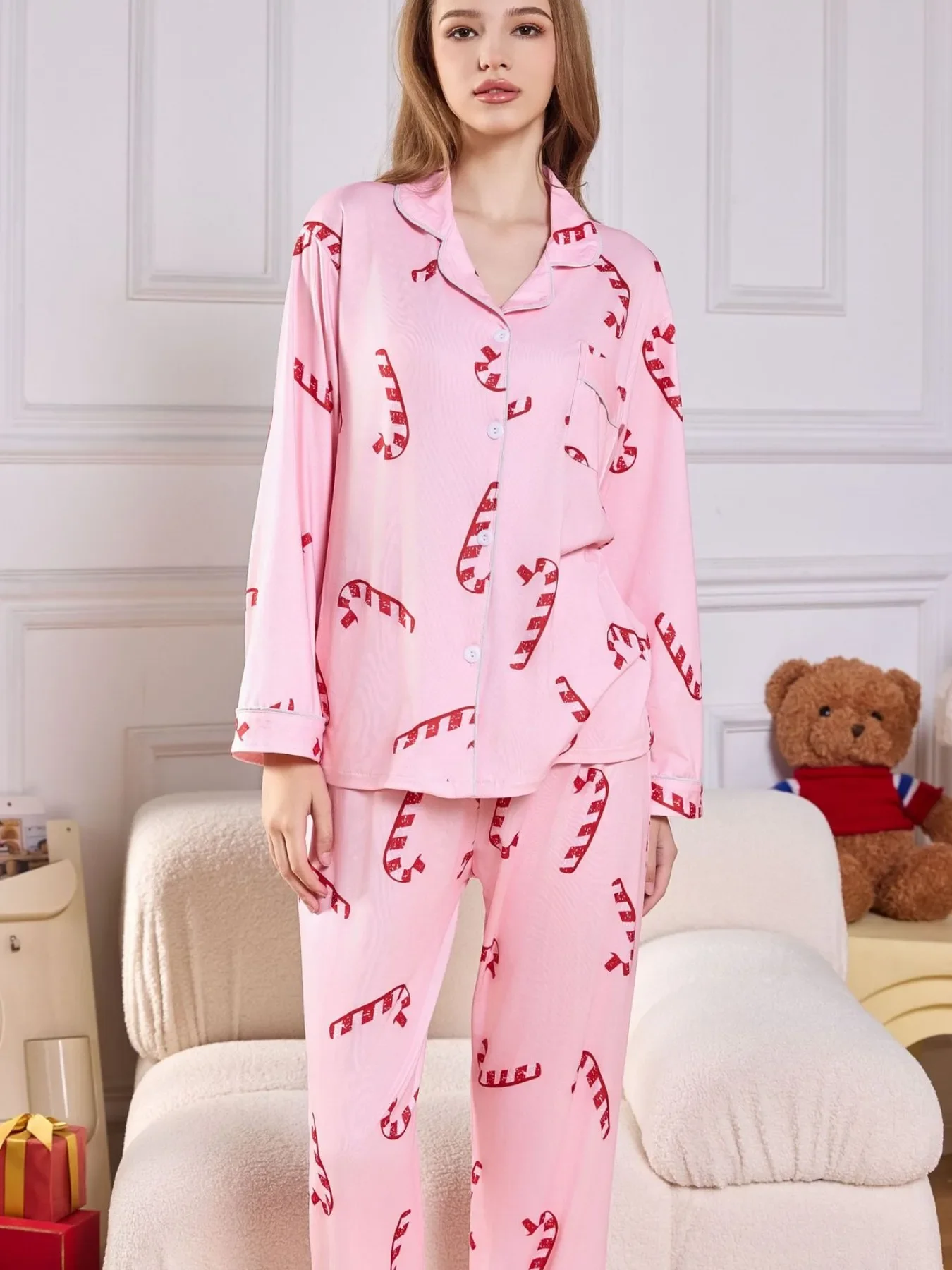 Women Sleepwear Autumn Winter Christmas Pajamas Set Long Sleeve Red Cardigan Shirt with Long Pants Two Piece Pijamas Sets