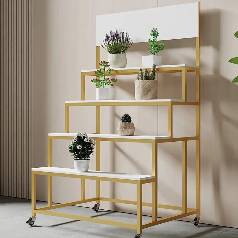 High Quality Gorgeous Flower Shop 3 Layer Decorative Flower Outdoor Golden Step Flower Display Rack Metal Floor Stand