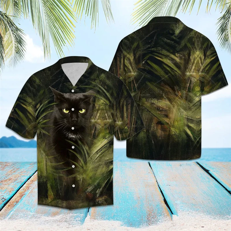 

Fashion Black Cat Pattern Hawaiian Shirts Summer Trendy Short Sleeve 3D Printed Shirt Casual Oversized Streetwear Unisex Blouses
