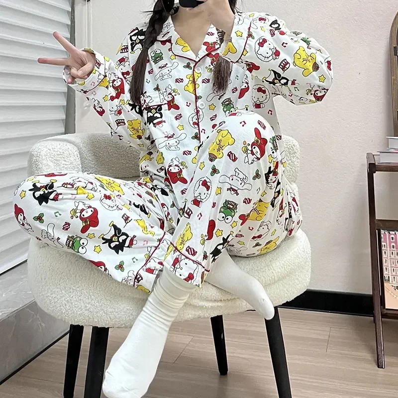 Sanrio Hello Kitty Silk Pajamas Women\'s Autumn Cotton Long Sleeve Casual Home Women\'s Pajamas Homewear Pajamas Pants Set