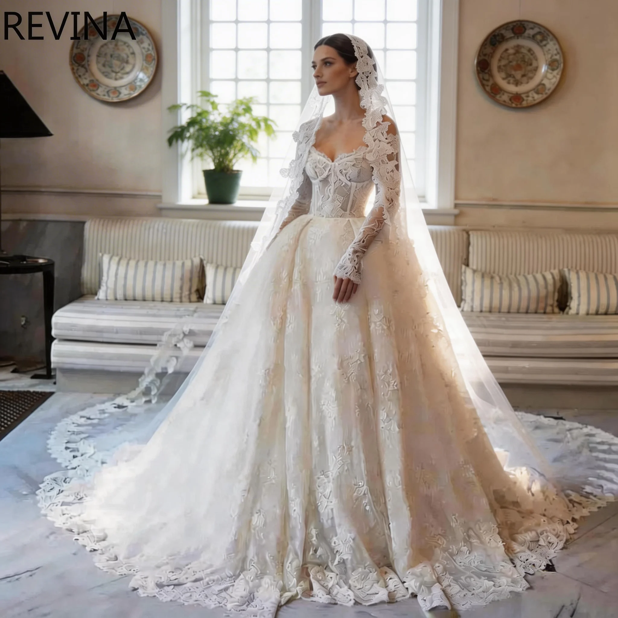 

Romantic White Bridal Ball Gown with Lace Long Sleeves Off-Shoulder Design for Church Formal Wedding Customizable Fit